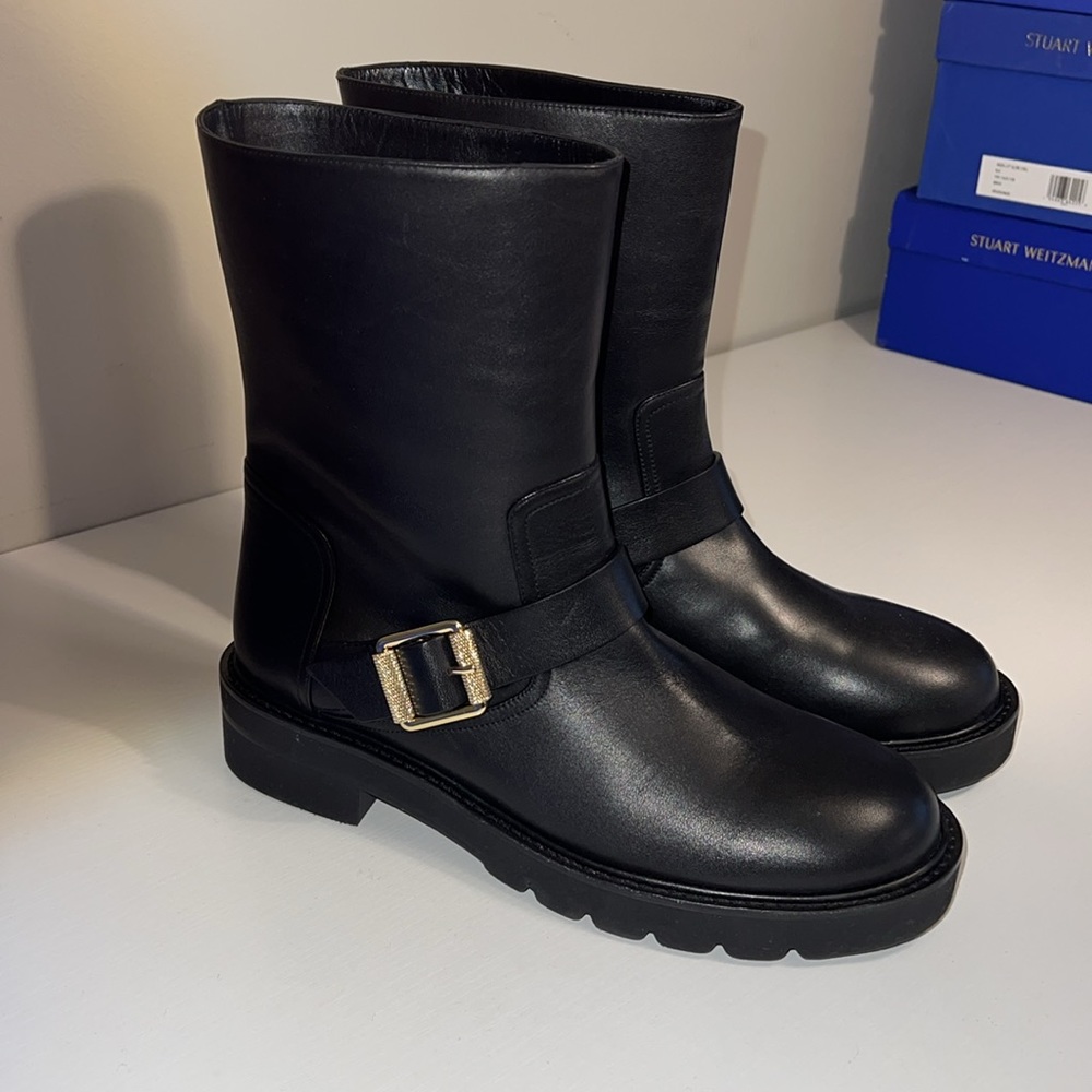 NWT Stuart Weitzman motor boots with gold hardware